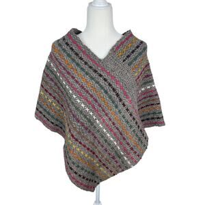 Handmade Wool Knit Poncho Striped Colorful Boho Hippie Gray Multicolor Size S/M